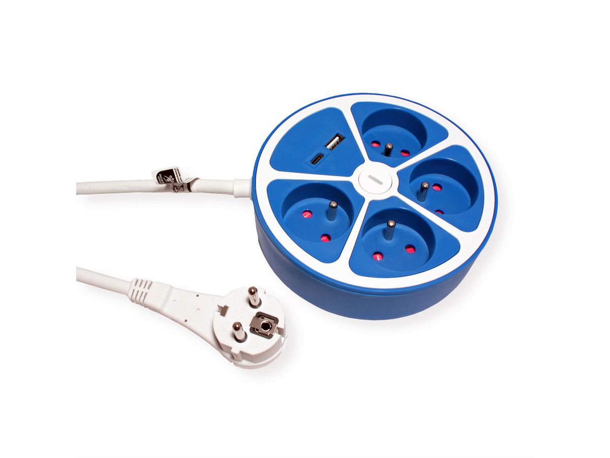 ROLINE 4-fach Steckdosenleiste mit Schalter, rund, UTE Version, USB-Charger A+C, blau, 1,5 m
