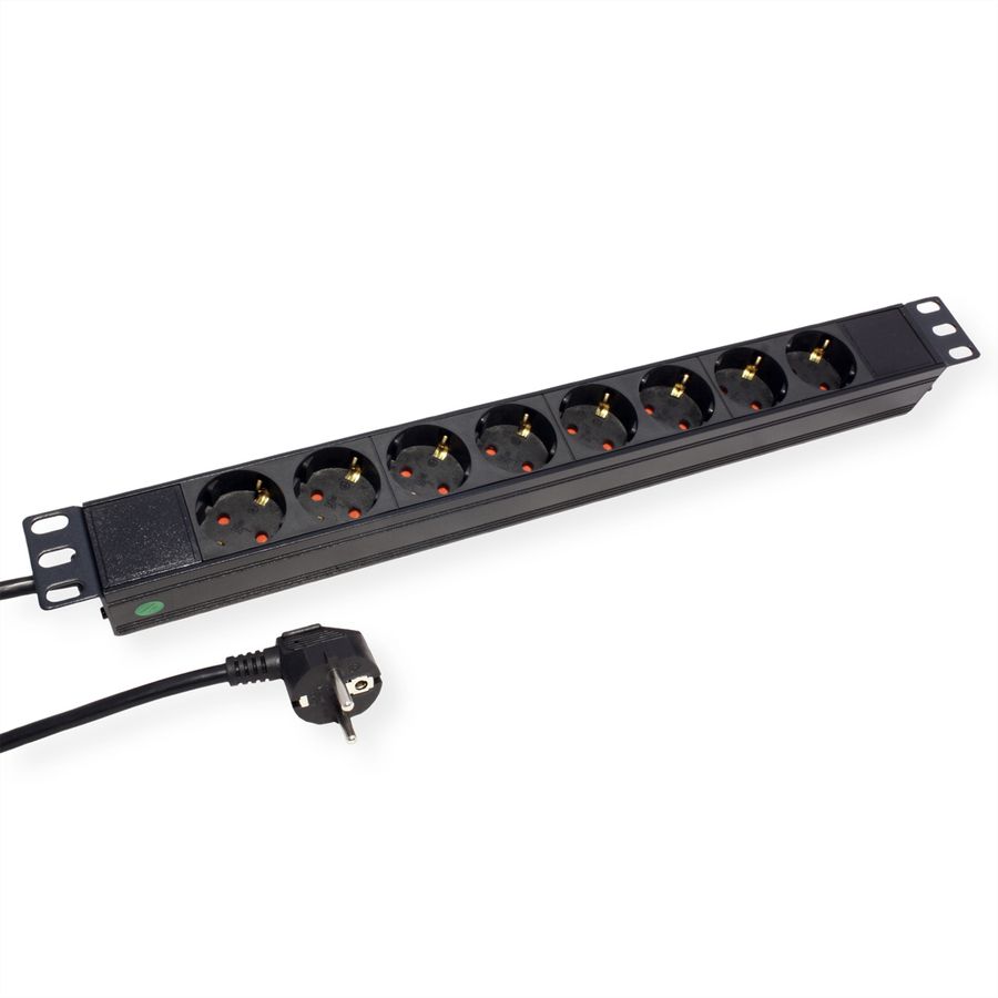 VALUE 19-Zoll-Steckdosenleiste 8fach, 1 HE, Schutzkontakt-Stecker, 2,8 m
