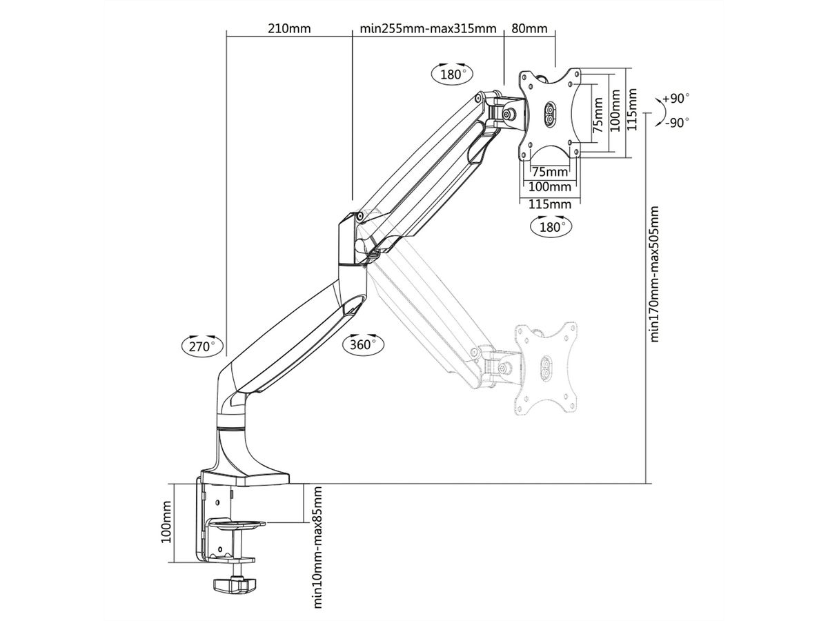 VALUE LCD-Arm, Tischmontage, Gasfeder, 5 Gelenke, bis 9 kg