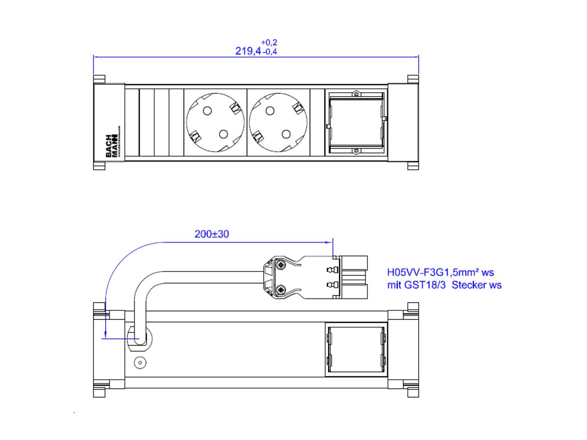 BACHMANN POWER FRAME 2xCEE7/3 1xCM 0,2m GST18 RAL9010