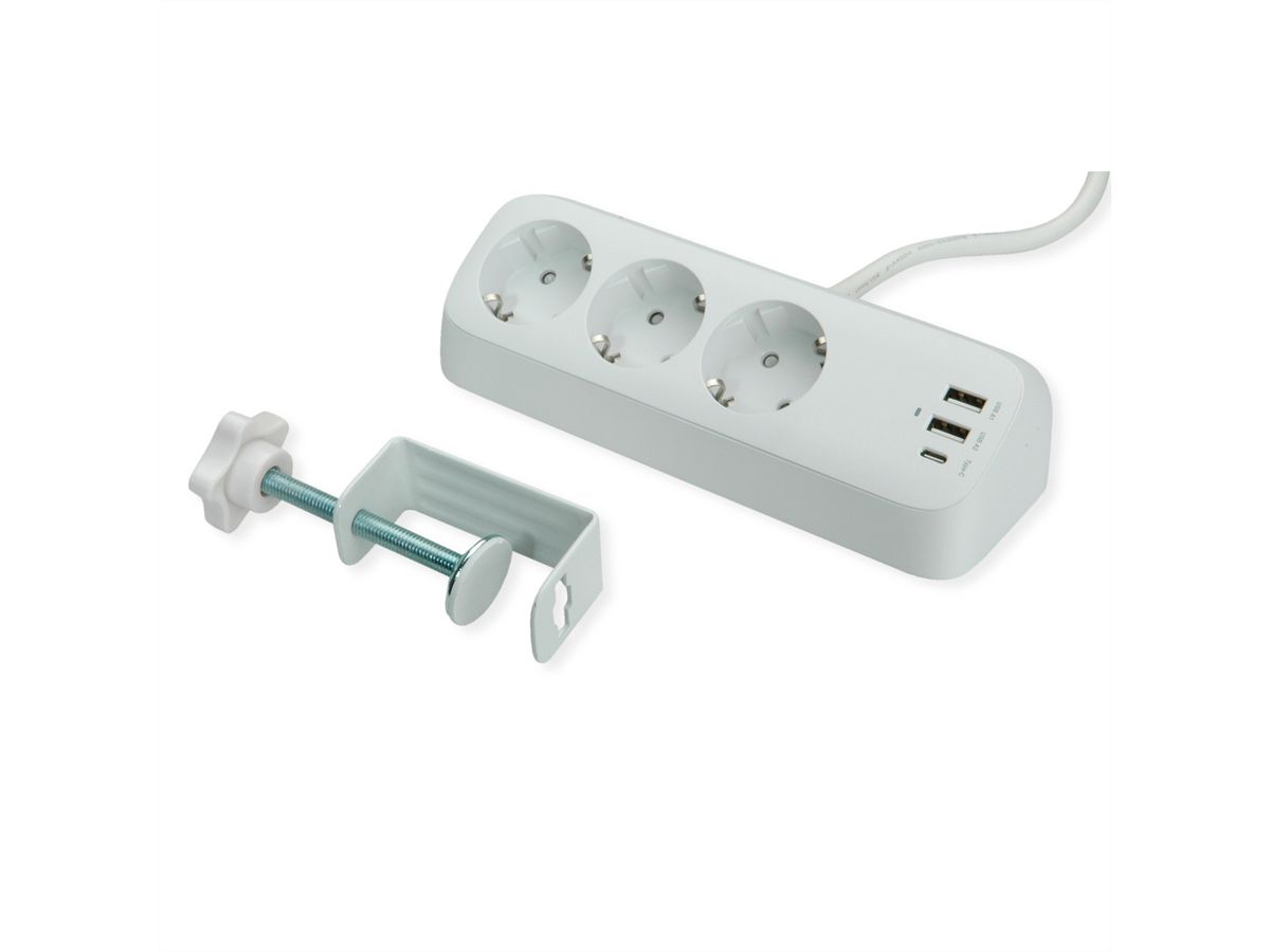 VALUE Tisch-Steckdosenleiste, 3fach mit Tisch-Klemme, inkl. USB-Charger (2x USB-A, 1x USB-C), 1,5 m