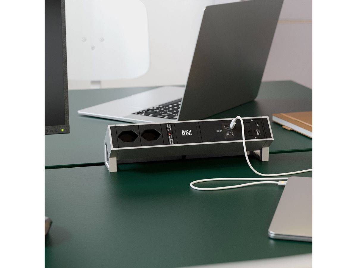BACHMANN DESK2 2xCH 90° 1xUSB C/C 100W, 1xCM L=0,2m INOX