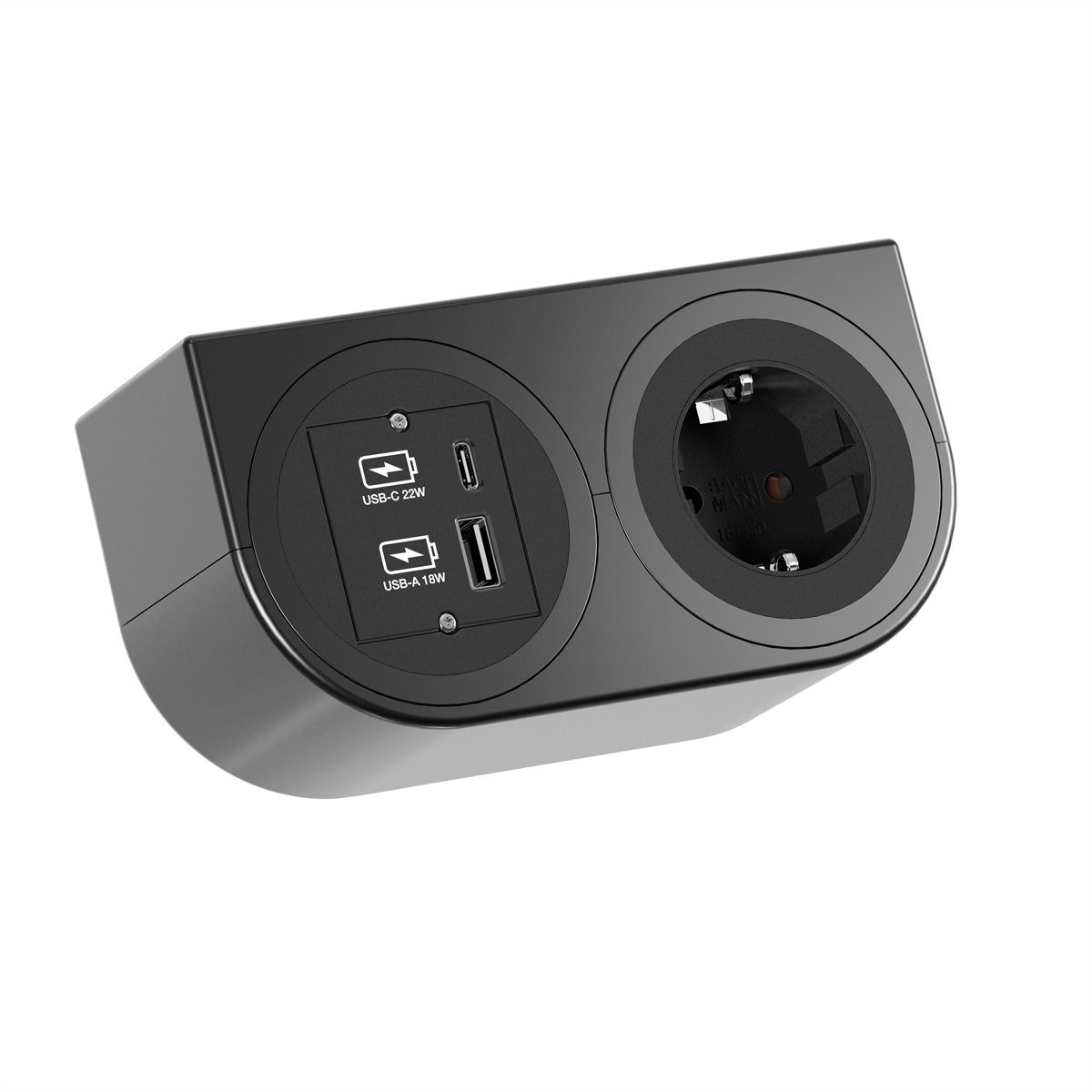 BACHMANN PIX HOLDER DOUBLE, 1x CEE7/3, 1x USB A/C, CEE7/7, schwarz, 2 m
