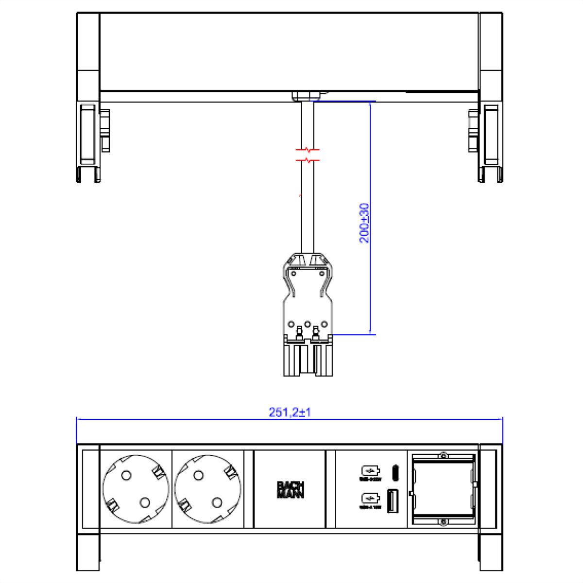 BACHMANN DESK2 ALU WHITE 2xCEE7/3 1xCM 1xUSB A/C 22W 0,2m GST18