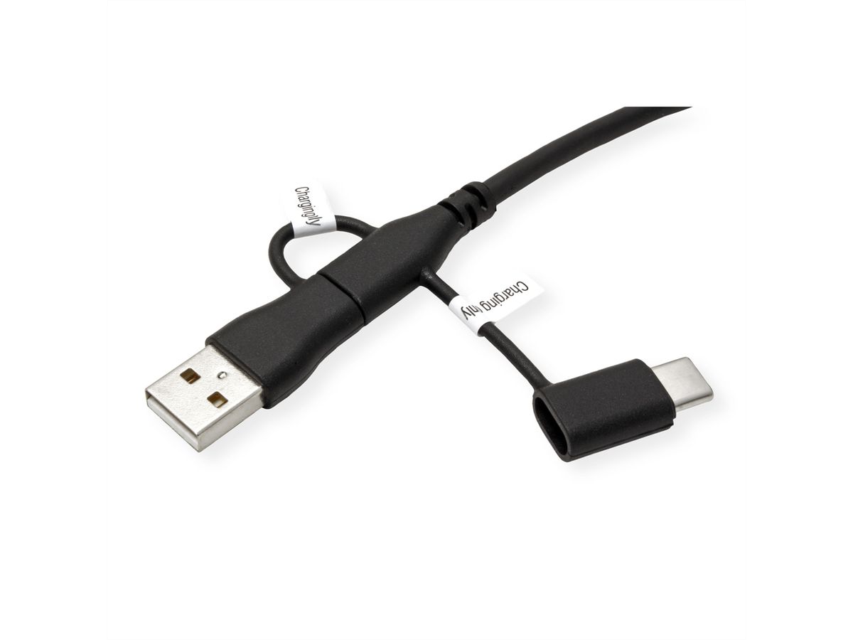 ROLINE USB 2.0 Kabel Typ C, ST/ST, mit Datenblockier-Adaptern Typ A+C, 1 m