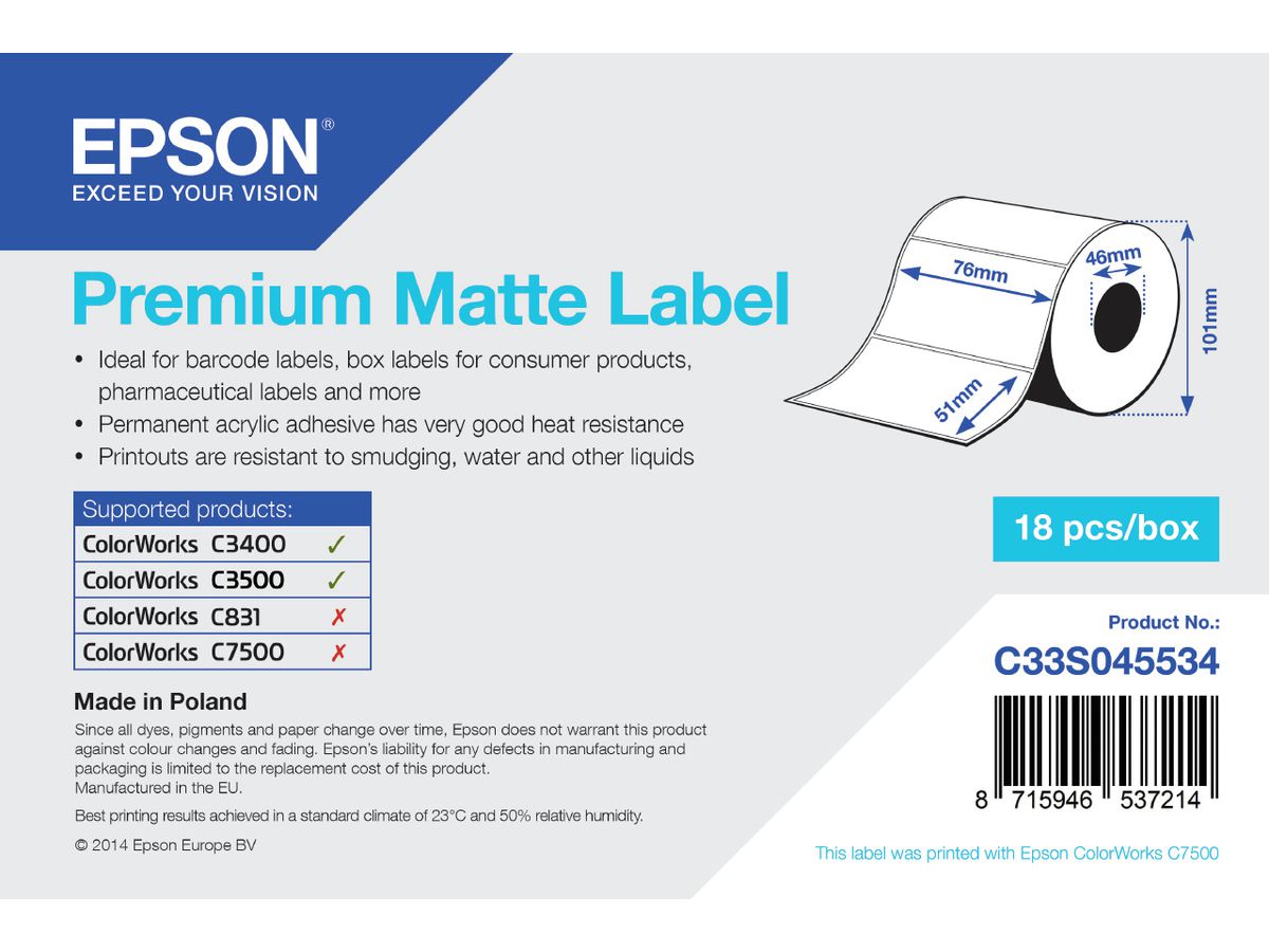 Epson Premium Matte Label - Die-cut Roll: 76mm x 51mm, 650 labels