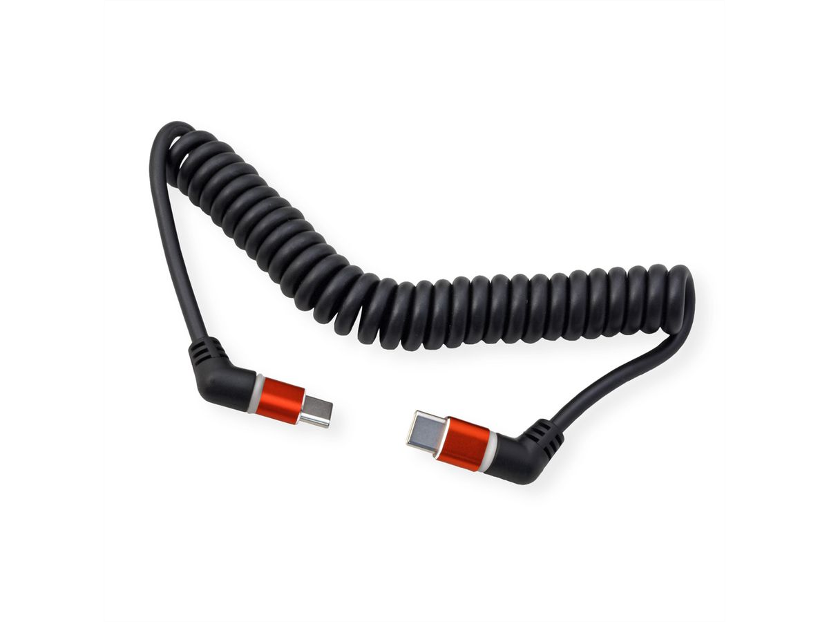 ROLINE USB 2.0 Kabel, Typ C - C, ST/ST, 360° Rotation, 60W, Spiralkabel, schwarz / rot, 1,5 m