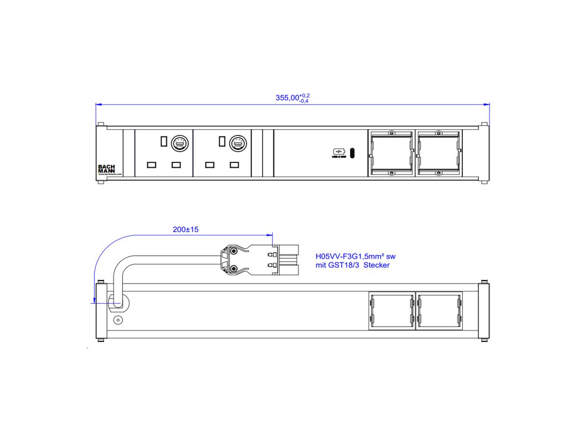 BACHMANN CONI 2xUK 1xUSB C 60W 2xCM, 0,2m GST18 United Kingdom