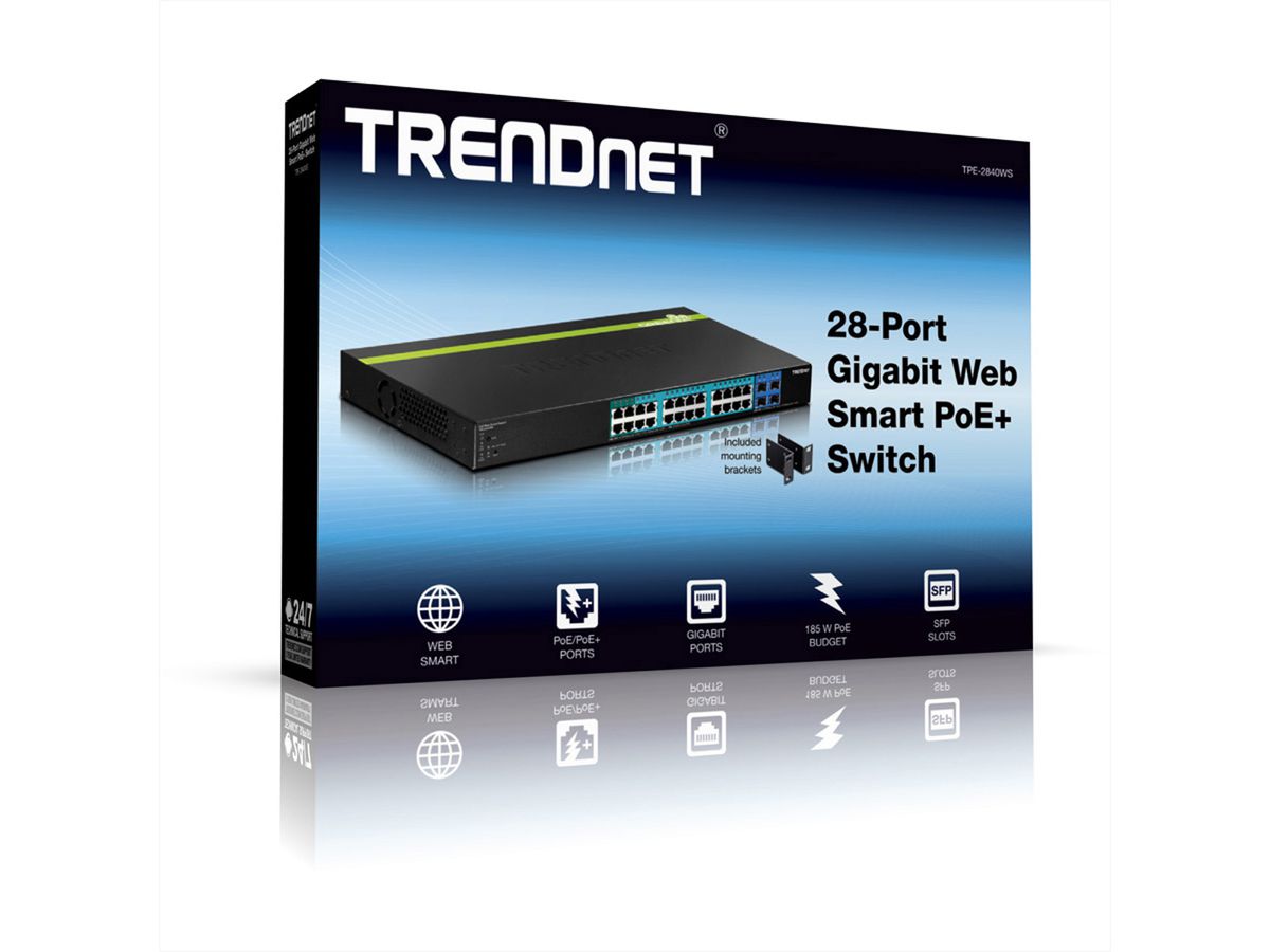 TRENDnet TPE-2840WS 28-Port POE+ Switch Gigabit Smart 24 PoE/PoE+ 4 SFP 195W