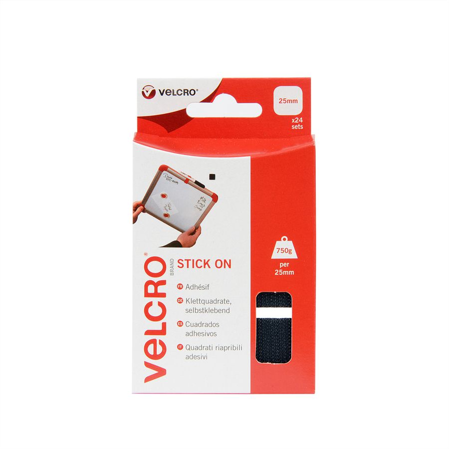 VELCRO® Klettquadrate Selbstklebend, Haken & Flausch 25mm x 25mm x 24 sets Schwarz