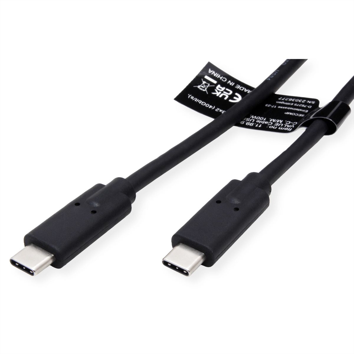 VALUE USB4 Gen3x2 Kabel, C–C, ST/ST, 8K UHD-2, 40Gbit/s, 100W, schwarz, 0,5 m