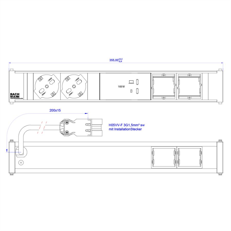 BACHMANN CONI 2xP40 1xUSB C/C 100W, 2xCM L=0,2m
