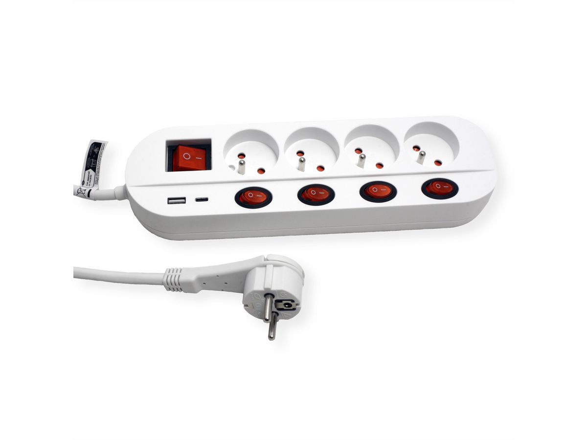 ROLINE 4-fach Steckdosenleiste mit Schalter, UTE Version, USB-Charger A+C, 1,5 m