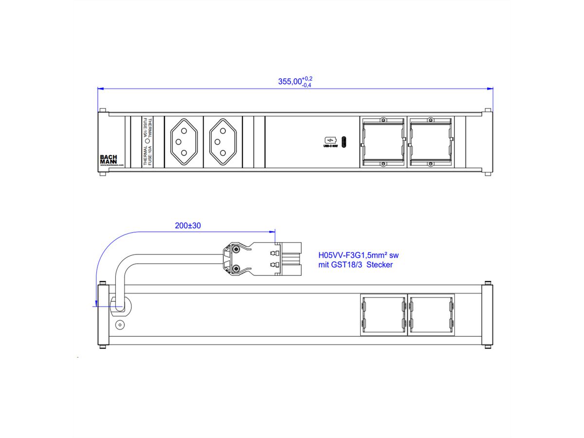 BACHMANN CONI 2xCH 1xUSB C 60W 2xCM, 0,2m GST18 Schweiz