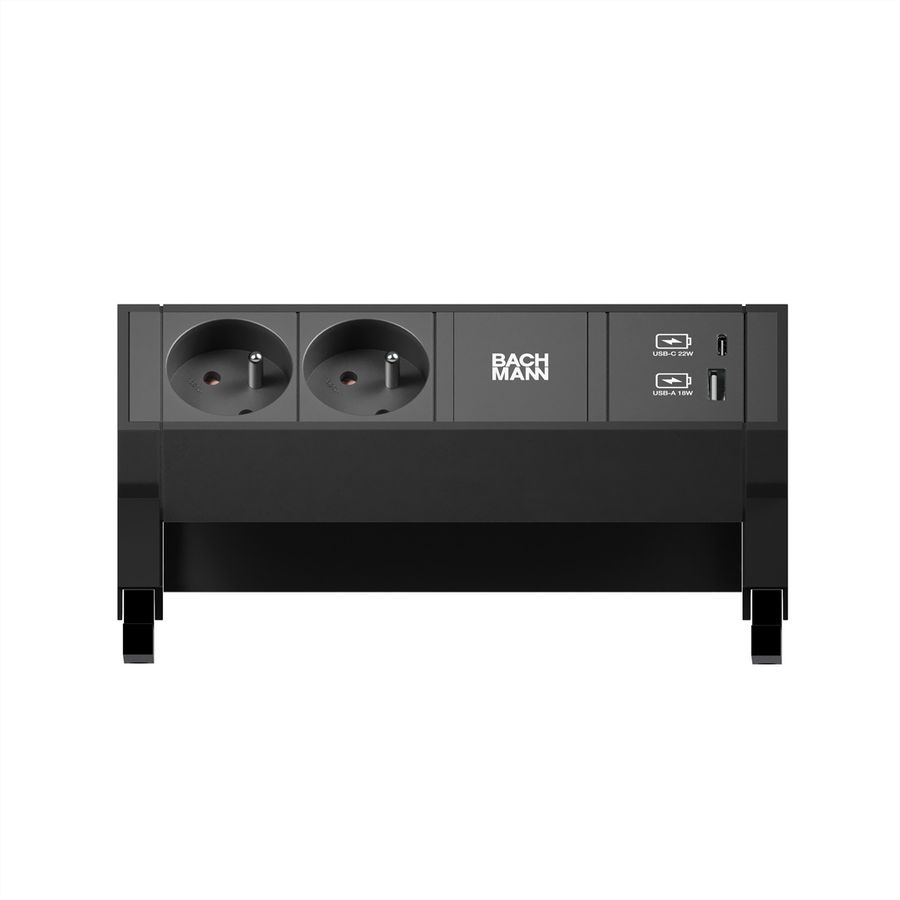 BACHMANN DESK2 2xUTE 1xUSB A/C 22W, GST18 RAL9005, schwarz, 0,2 m
