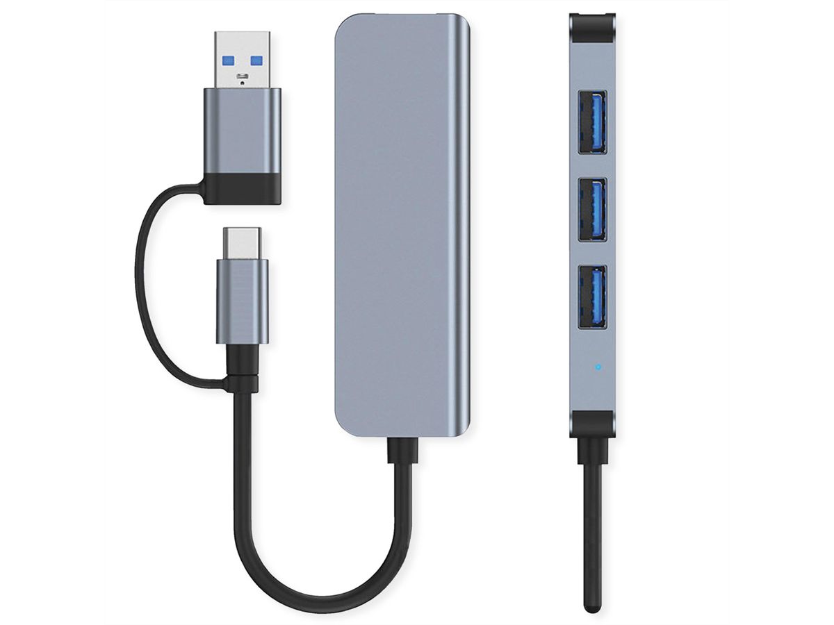 VALUE USB3.2 Gen1 Metall Hub, 4fach Typ A, (1x USB 3.2Gen1 + 3x USB 2.0), Typ A+C Anschlusskabel
