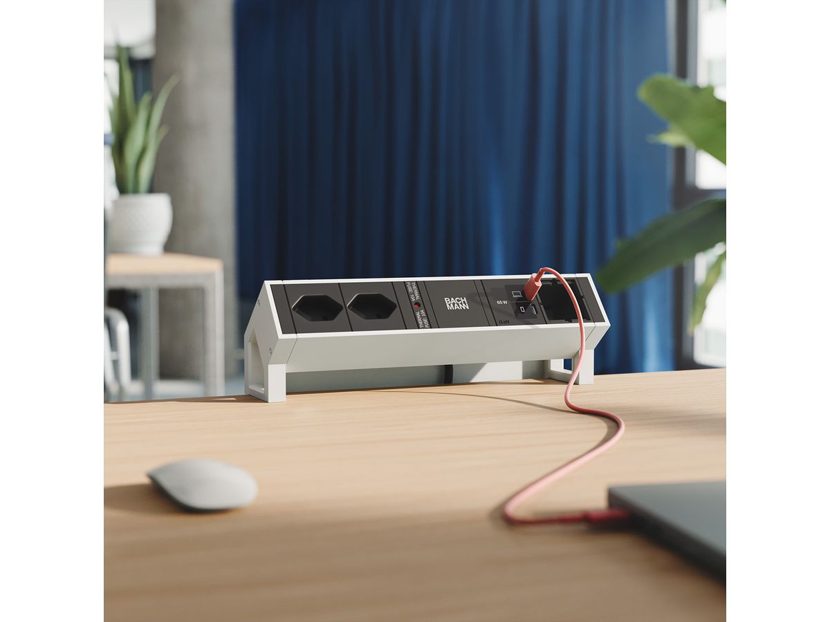 BACHMANN DESK2 2xCH 90° 1xUSB C/C 65W, 1xCM L=0,2m RAL9010