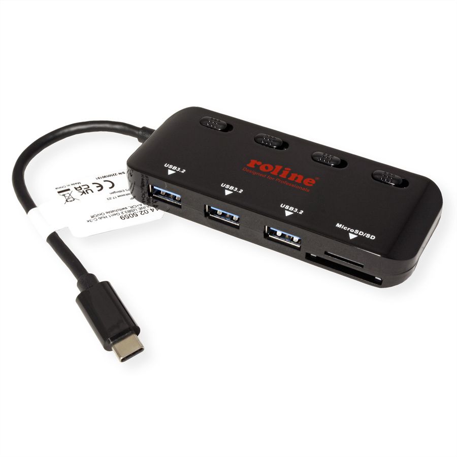 ROLINE USB 3.2 Gen 1 Hub, 3fach, Typ C Anschlusskabel, mit CardReader, Ports einzeln schaltbar