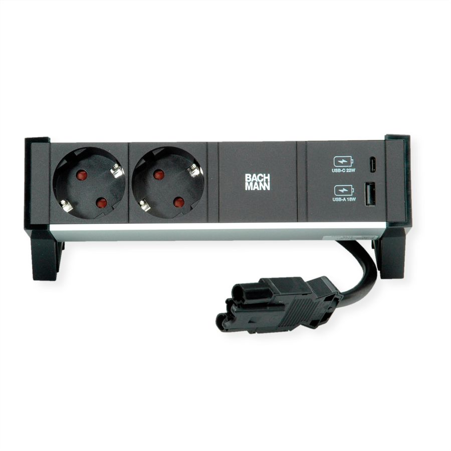 BACHMANN DESK2 ALU BLACK 2xSchutzkt.USB, USB Charger 22W A&C 0,2m GST18