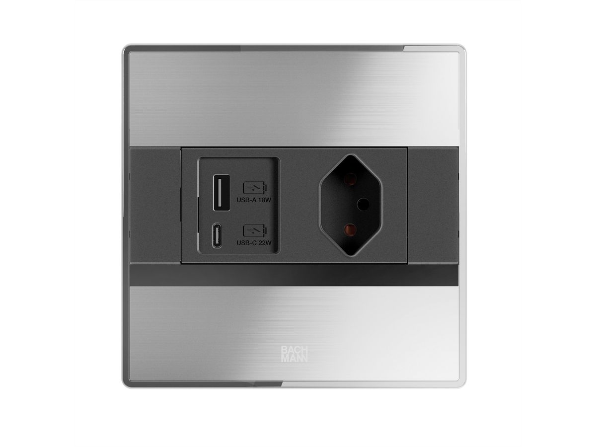 BACHMANN SENSE Edelstahl-Optik 1x CH T13, 1xUSB A/C L=2,0m T12