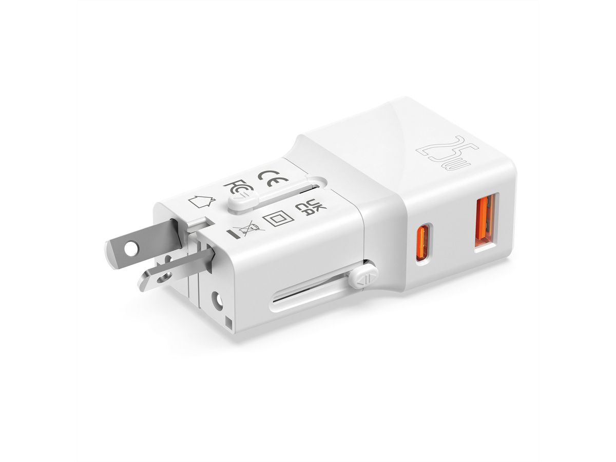 VALUE USB Reise-Charger mit Euro-Flach-/UK-/US-Stecker, 2 Port (Typ-A QC3.0, Typ-C PD), 25W