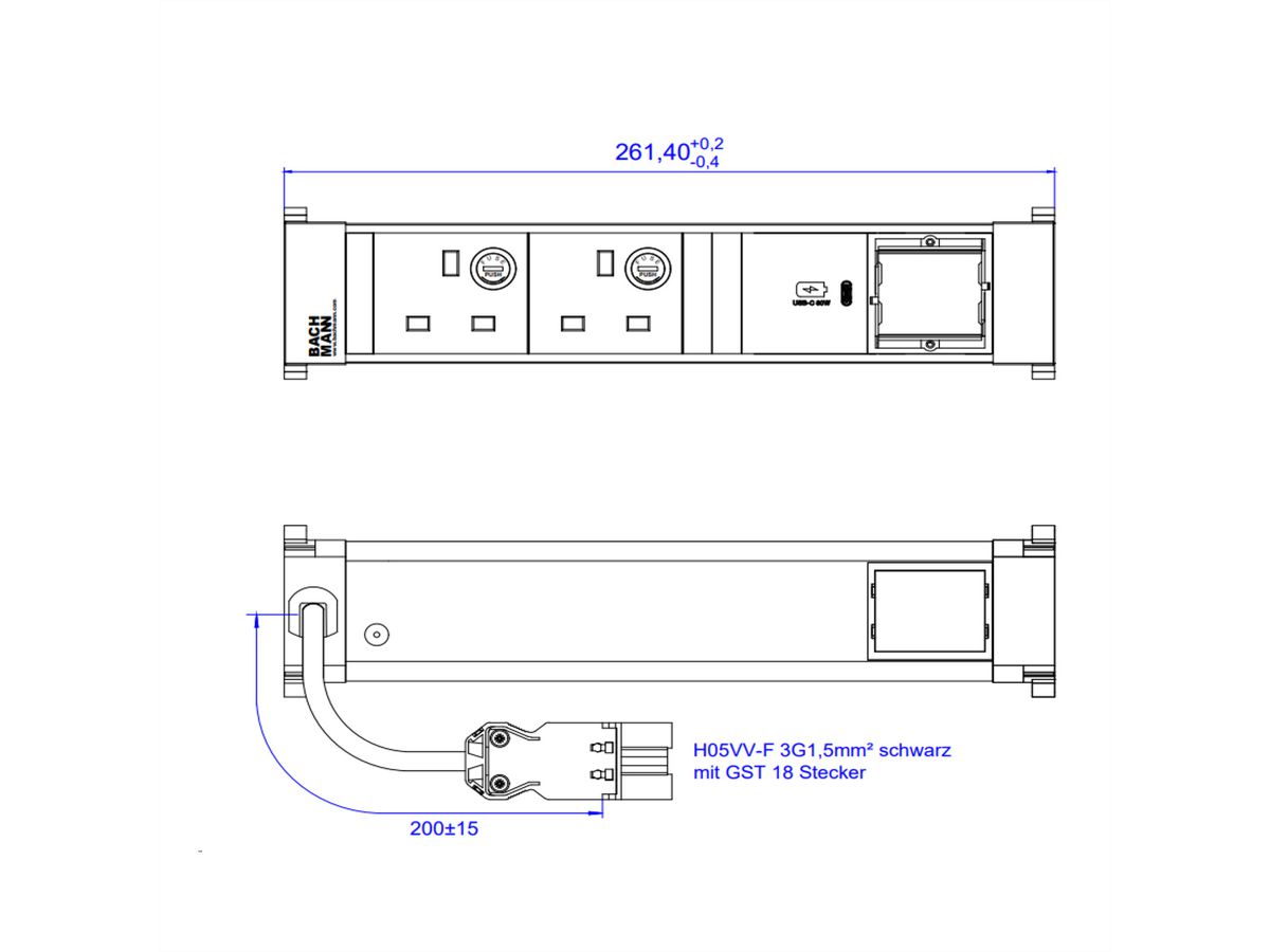 BACHMANN POWER FRAME M 2xUK, USB C 30W 1xCM 0,2m GST18 United Kingdom