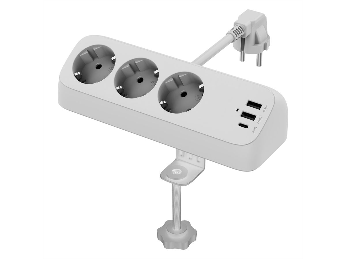 VALUE Tisch-Steckdosenleiste, 3fach mit Schalter, inkl. 3x USB (2x A, 1x C), mit Tischklemme, 1,5 m