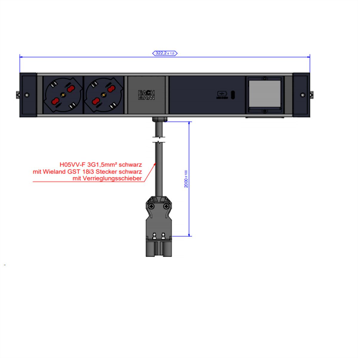 BACHMANN DESK RAIL 2xP40 1xUSB C 60W, 1xCM 2,0m GST18 Italia