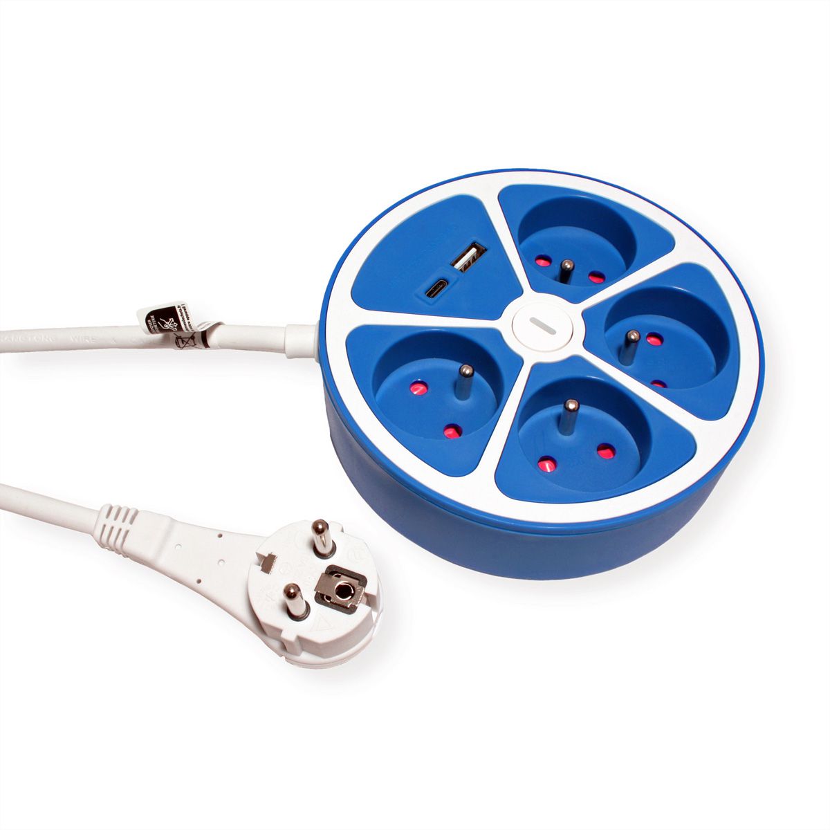 ROLINE 4-fach Steckdosenleiste mit Schalter, rund, UTE Version, USB-Charger A+C, blau, 1,5 m