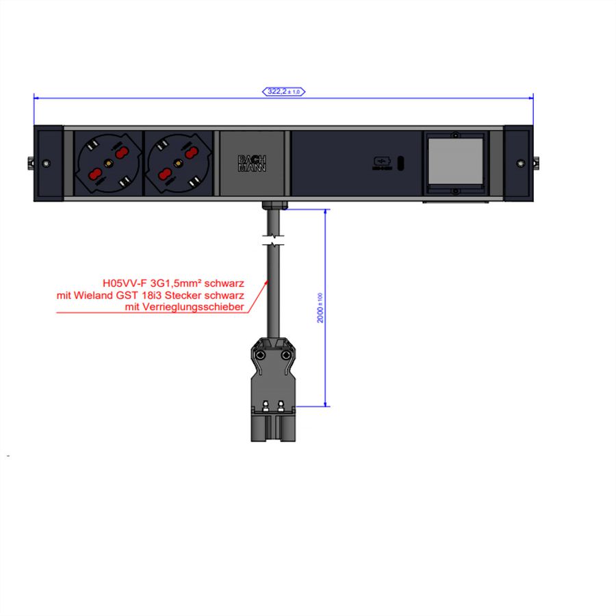BACHMANN DESK RAIL 2xP40 1xUSB C 60W, 1xCM 2,0m GST18 Italia