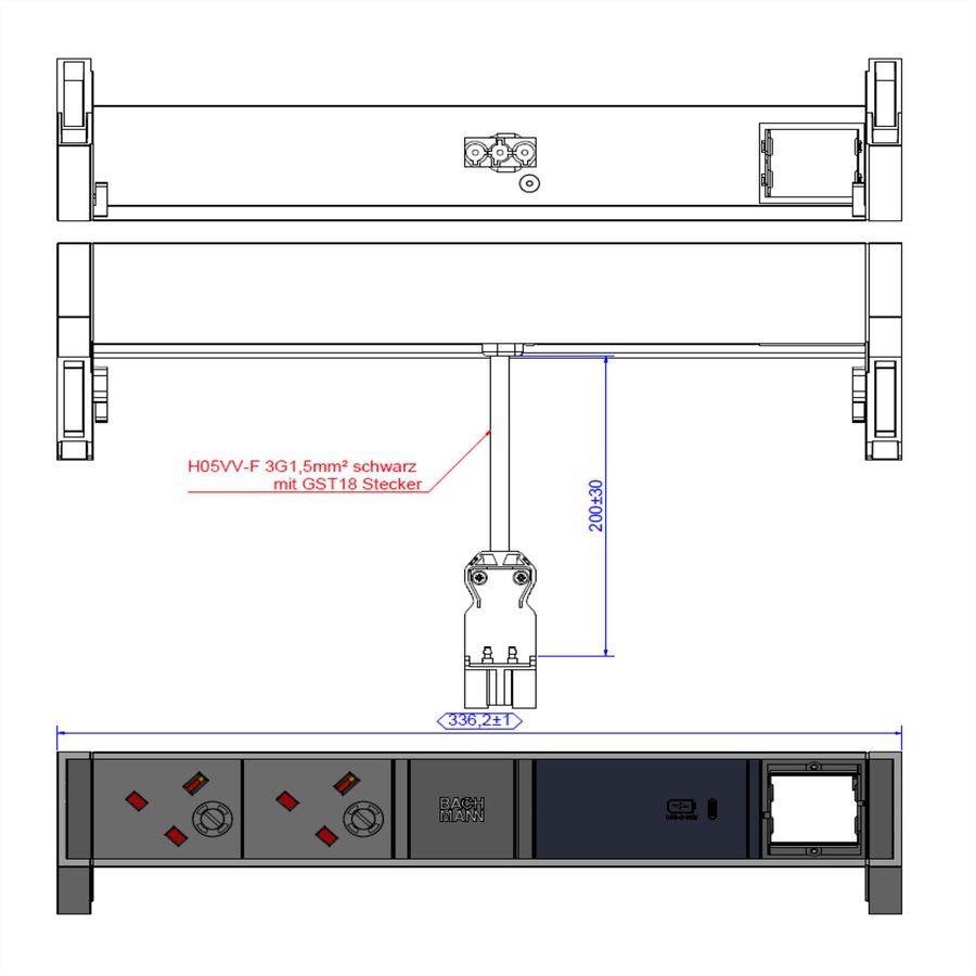 BACHMANN DESK2 2xUK 1xUSB C 60W 1xCM, 0,2m GST18 INOX United Kingdom