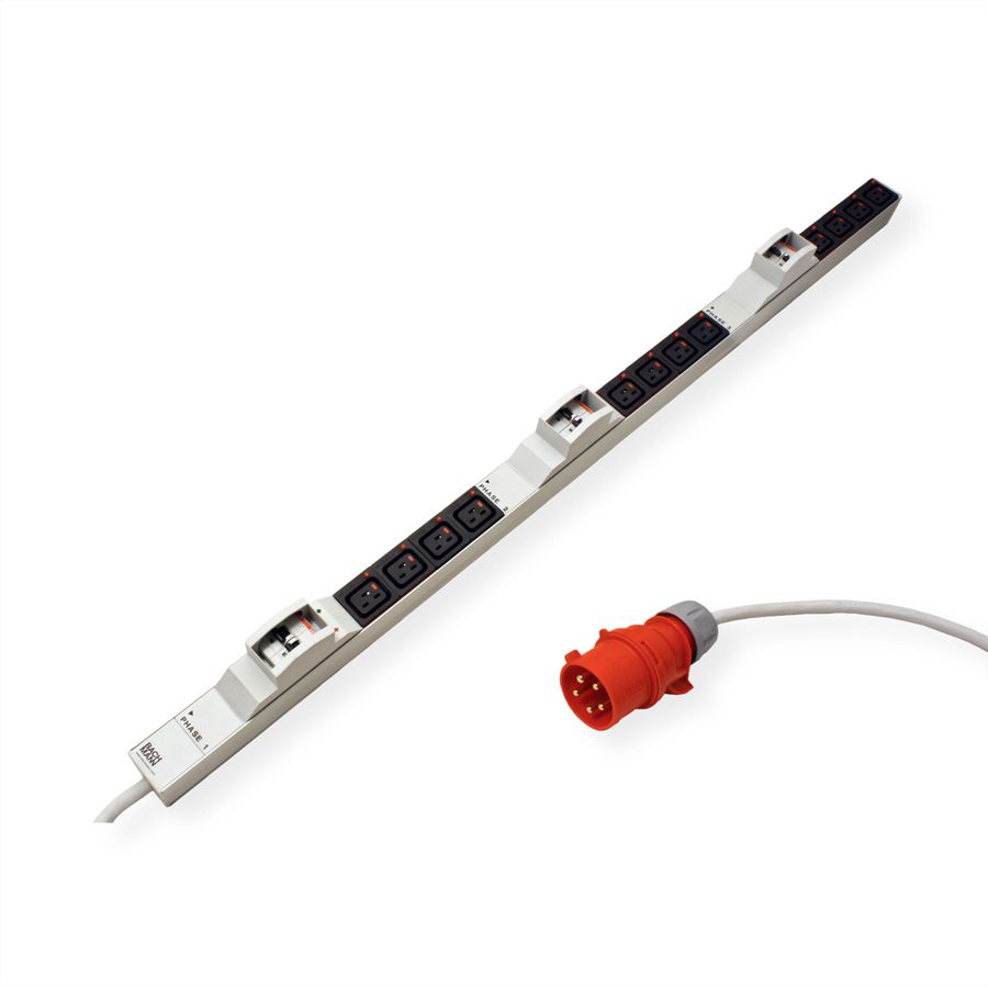 BACHMANN IT PDU ALU 1HE 12xC19 6xLeitungsschutzschalter  Stecker CEE 3L+N+PE 32A rot