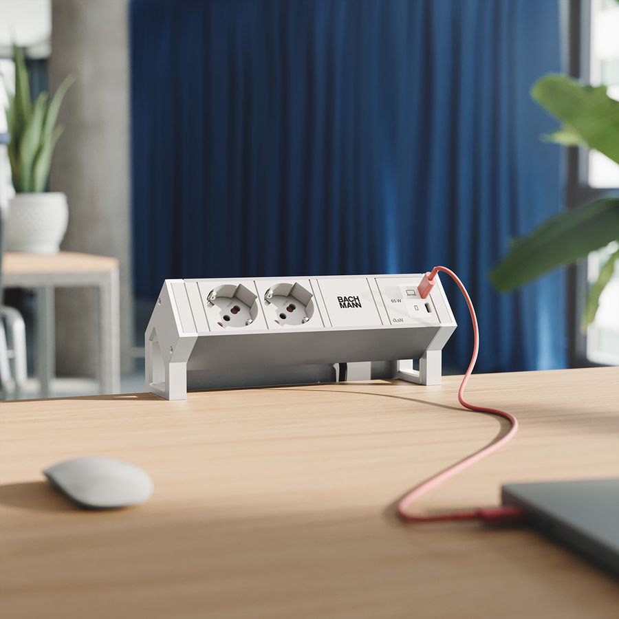 BACHMANN DESK2 ALU WHITE 2xP40, 1xUSB C/C 65W L=0,2m RAL9010
