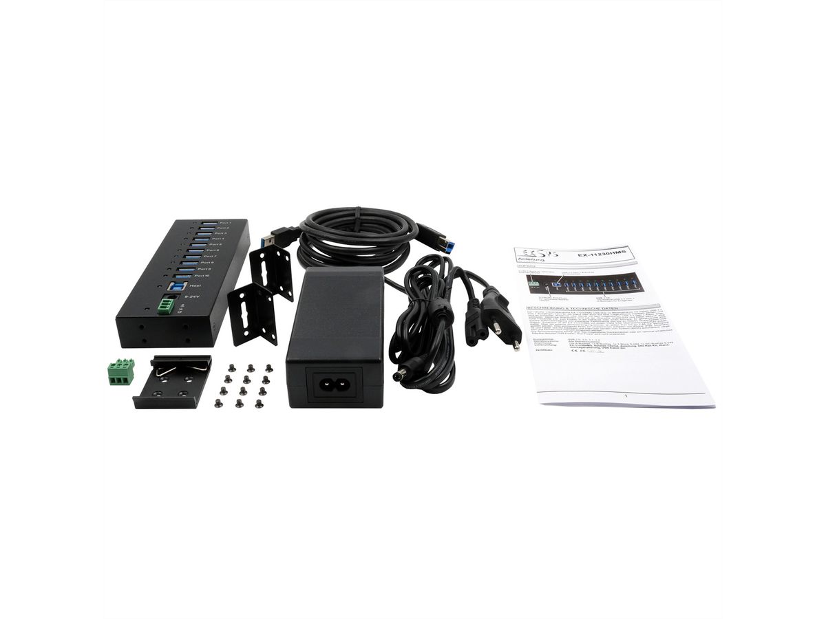 EXSYS EX-11230HMS 10 Port USB 3.2 Gen 1 HUB Din-Rail Kit und Wand VIA VL811+ Chipset