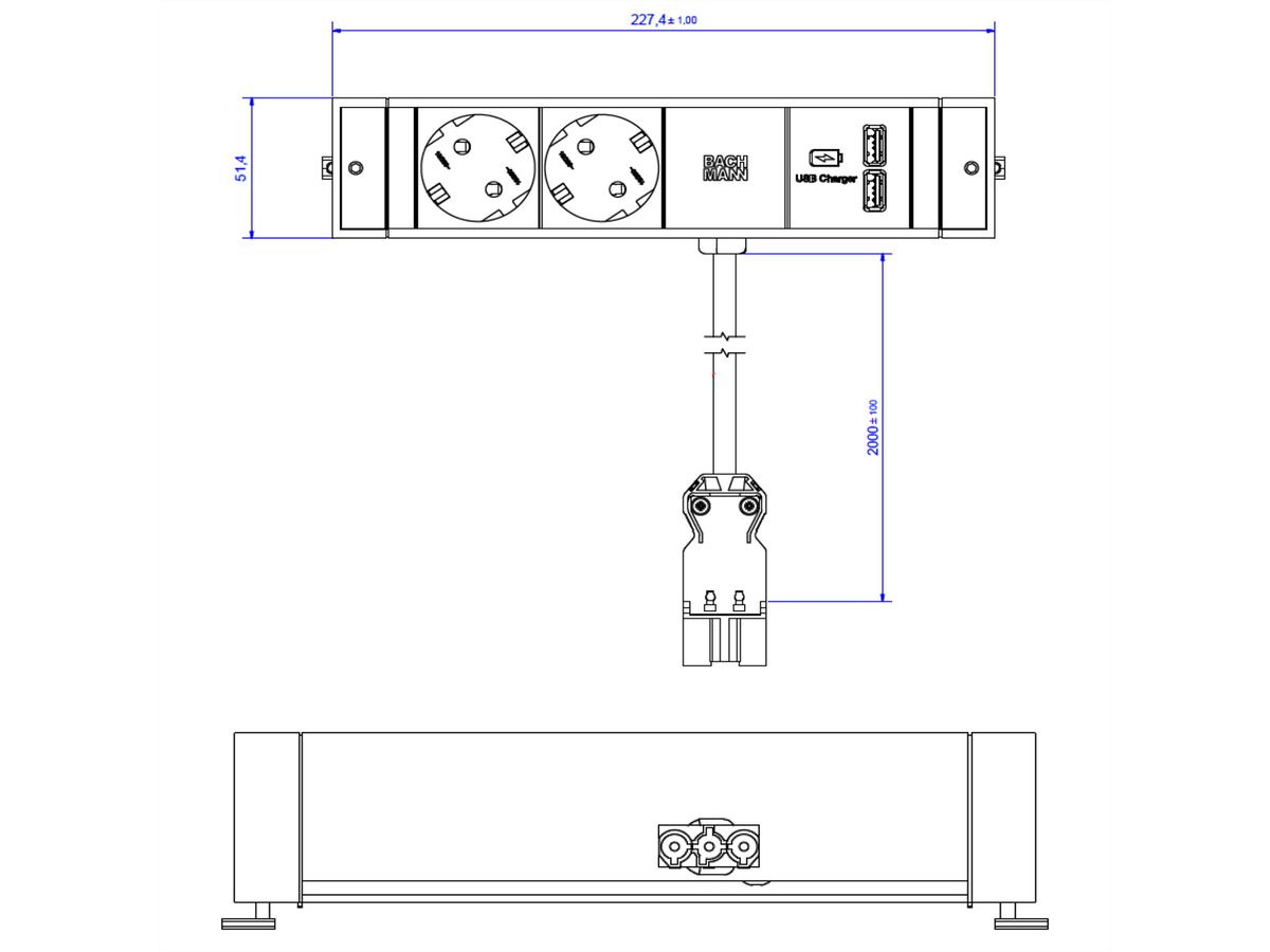 BACHMANN DESK RAIL 2x Schutzkontakt 1x USB Charger