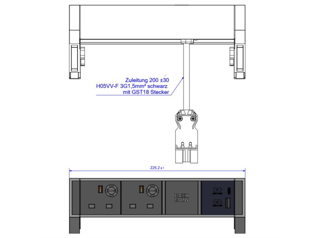 BACHMANN DESK2 2xUK 1xUSB A/C 22W, 0,2m GST18 INOX United Kingdom