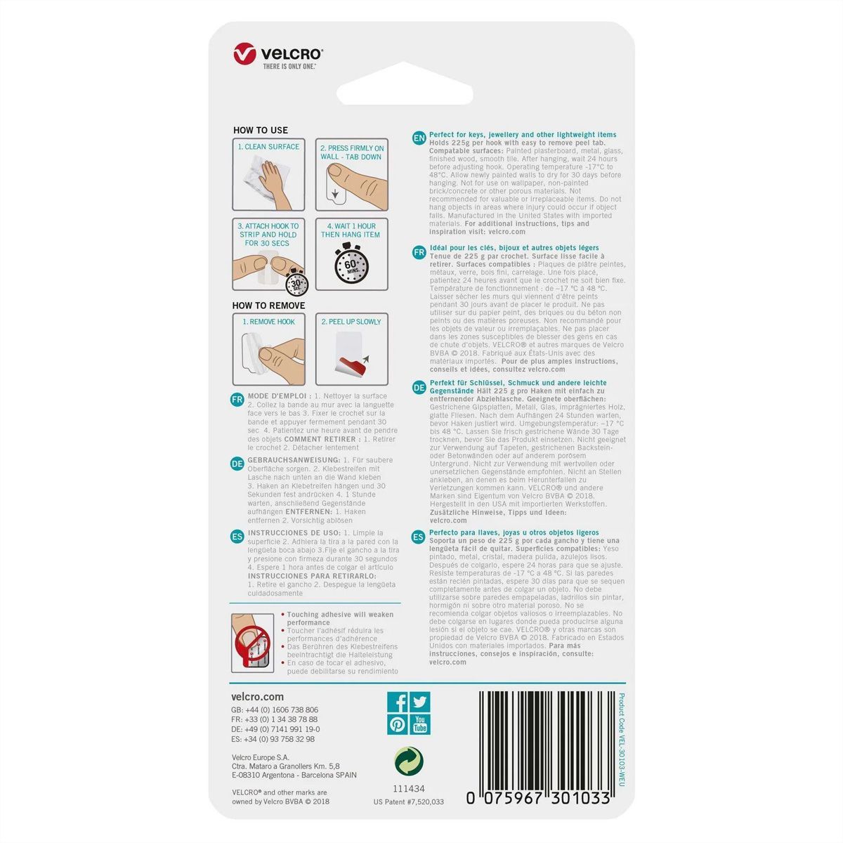 VELCRO® HANGables Mikro-Klebe-Haken 225g, 8 St. wiederablösbar, weiß