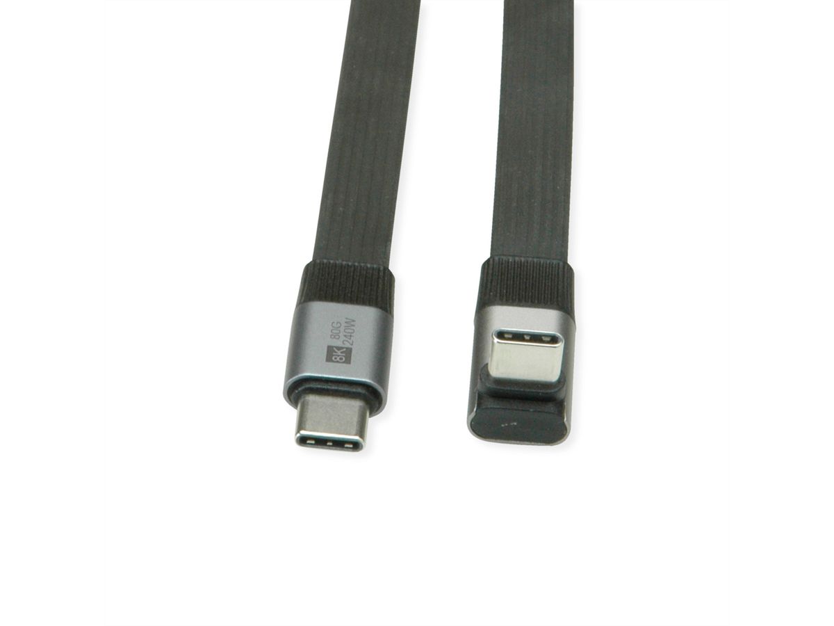 ROLINE USB4 2.0 Flachkabel, C–C, ST/ST einseitig 270°-gewinkelt, 8K UHD-2, 80Gbit/s, 240W, schwarz, 0,8 m