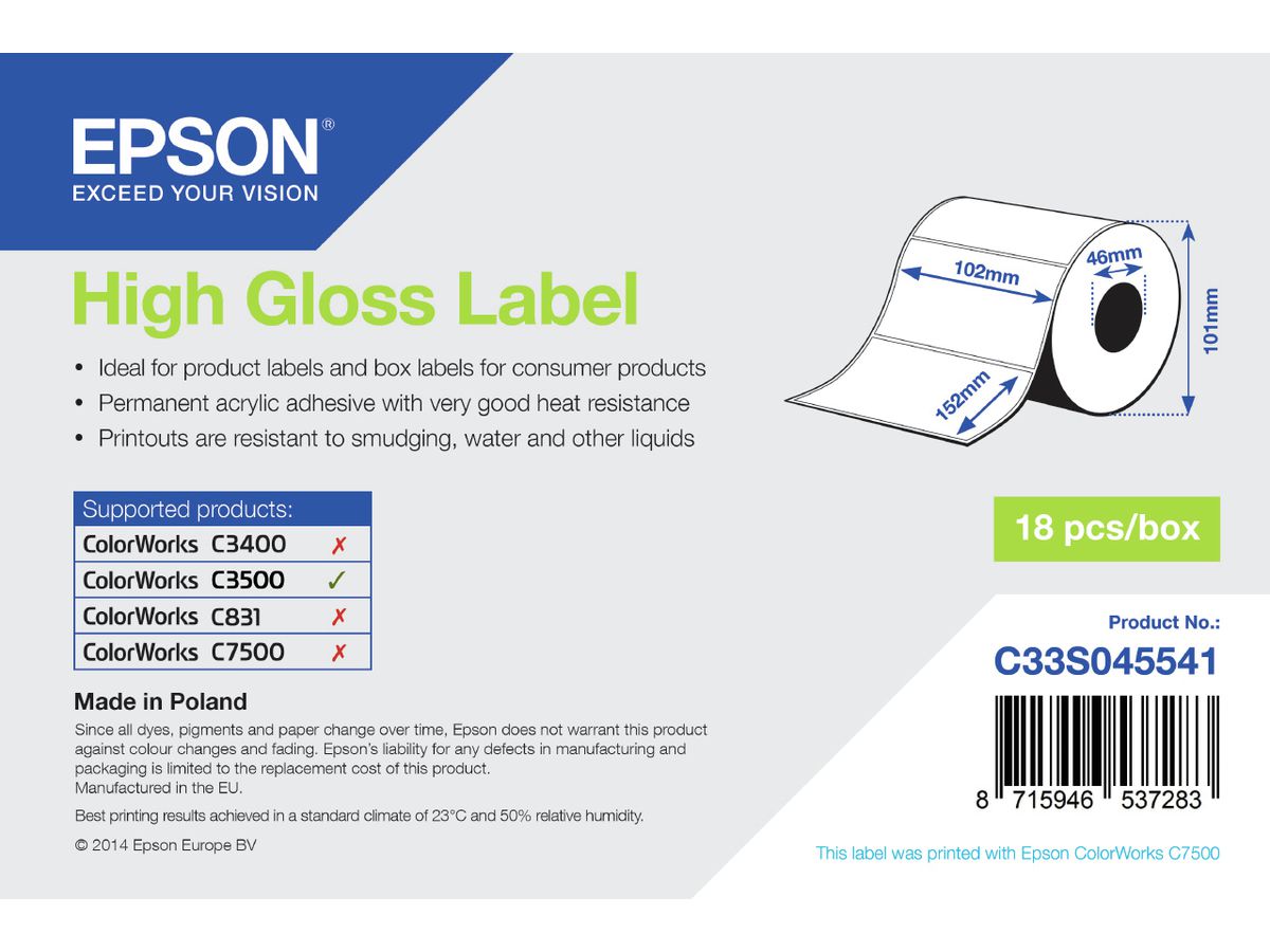 Epson High Gloss Label - Die-cut Roll: 102mm x 152mm, 210 labels