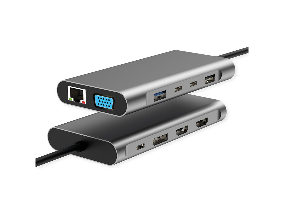 VALUE USB Typ C Dockingstation, 2x HDMI (4K60 und 4K30), 1x DP 4K60, 1x VGA, 1x Gb Ethernet, 2x USB C, 2x USB A (3.2 Gen1 und USB 2.0, 1x Type C PD